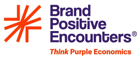 Logo for Brand Positive Encounters®. Abstract orange burst symbol to the left. Brand name in bold purple text, stacked over three lines. Strapline underneath in italic warm red/orange text: Think Purple Economics.